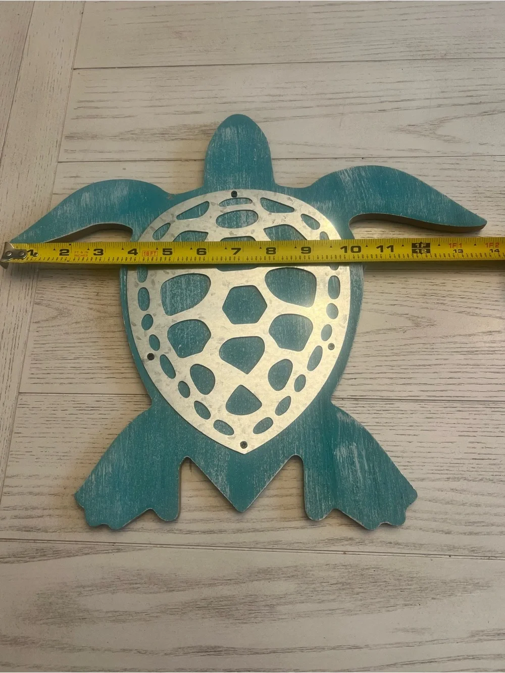 Teal Distressed Turtle Wooden Wall Decor with Silver Shell Accent - 14”x14”